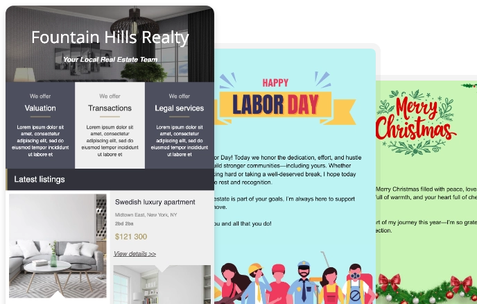 Pre-built stock content templates for real estate agents including multi-touch campaigns
