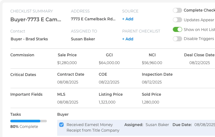 Transaction checklists in Wise Agent CRM to manage deals step by step from contract to close
